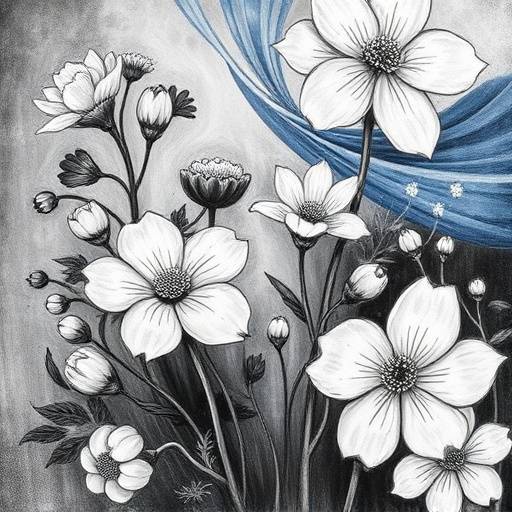 Monochrome study hinting at Van Gogh's Japanese influences, with stylized floral elements